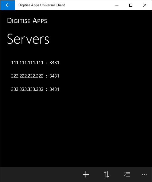 Picture showing Servers screen with multiple servers listed - Windows Universal Client.